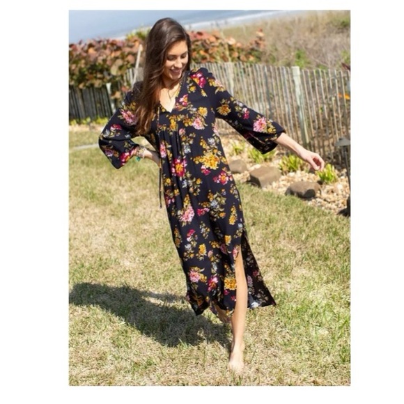 Natural Life Boho Long Bell Sleeve Side Slit Rayon Black Floral Maxi Dress - Picture 5 of 13